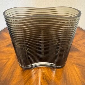 Mid-Century Wavy Glass Vase in Smoky Green/Gray Hand Blown In Poland 8”